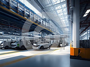 Future factory. Smart industry. Modern futuristic factory producing vehicles. Generative AI