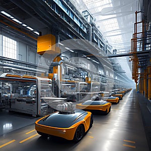 Future factory. Smart industry. Modern futuristic factory producing vehicles. Generative AI