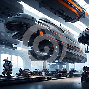 Future factory. Smart industry. Modern futuristic factory producing vehicles. Generative AI