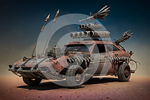 Future fantasy concept car with corrugated iron protection in a post apocalyptic desert wasteland at sunset. Neural