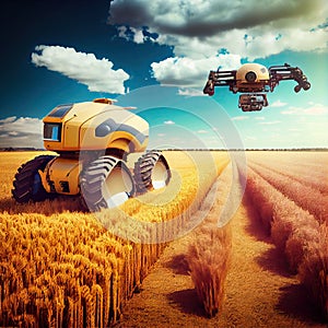 Future farm life, heat field with HD drones, robots, satellites and tractors. Ai generative