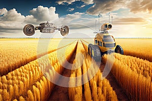 Future farm life, heat field with HD drones, robots, satellites and tractors. Ai generative