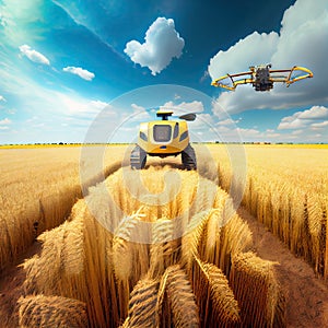 Future farm life, heat field with HD drones, robots, satellites and tractors. Ai generative