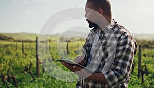 The future of farming is here. a mature man using a digital tablet while working on a farm.