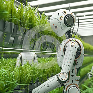 Future farming Robot farmers represent agriculture technology and farm automation