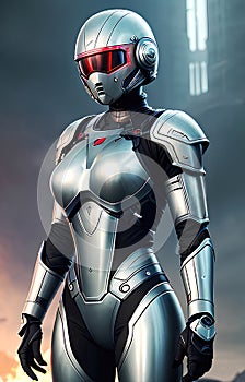 Future female soldier in cybernetic metal full body armor, superhero fantastic and futuristic background. Generative Ai