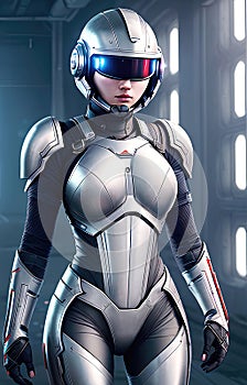 Future female soldier in cybernetic metal full body armor, superhero fantastic and futuristic background. Generative Ai