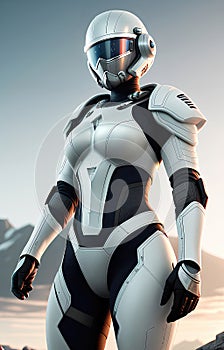 Future female soldier in cybernetic metal full body armor, superhero fantastic and futuristic background. Generative Ai