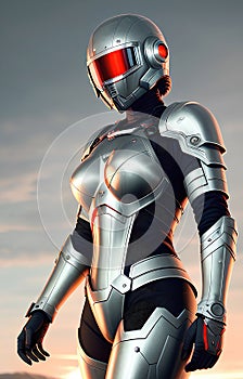 Future female soldier in cybernetic metal full body armor, superhero fantastic and futuristic background. Generative Ai