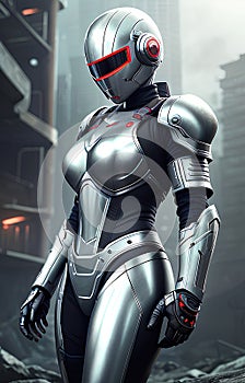 Future female soldier in cybernetic metal full body armor, superhero fantastic and futuristic background. Generative Ai