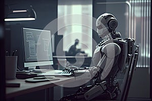 Future financial technology controlled by AI robot using machine learning and artificial intelligence to analyze business data and