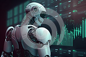 Future financial technology controlled by AI robot using machine learning and artificial intelligence to analyze business data