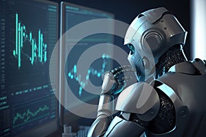 Future financial technology controlled by AI robot using machine learning and artificial intelligence to analyze business data