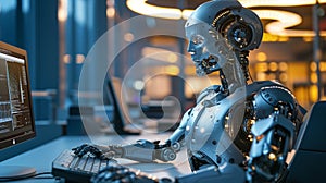 Future financial technology controlled by AI robot using machine learning and artificial intelligence to analyze business data and