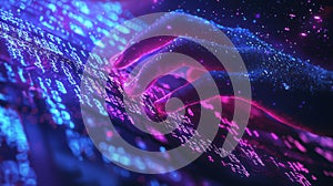 Future-focused digital software development: Developer typing on keyboard, coding and displaying data in futuristic