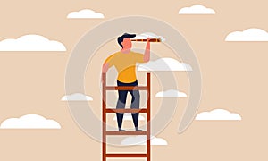 Future high ladder with forward man on sky. Work staircase growth and journey achievement vector illustration concept. Dream
