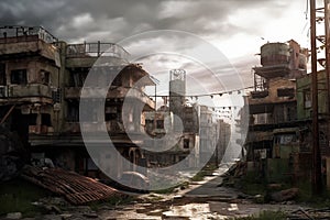 A future without humans, the effects of climate change, abandoned city. Generative AI