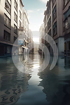 A future without humans, the effects of climate change, flooded city. Generative AI