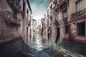 A future without humans, the effects of climate change, flooded city. Generative AI