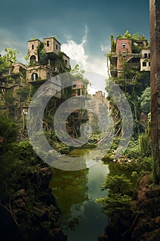 A future without humans, the effects of climate change, flooded city. Generative AI