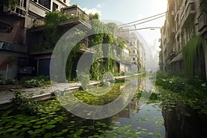 A future without humans, the effects of climate change, flooded city. Generative AI