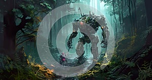 Future illustration of a robot in the dark forest in a very futuristic environment.