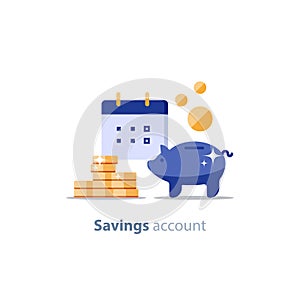 Future investment, financial calendar date, payment period, pension fund, superannuation finance, piggy bank, vector illustration photo