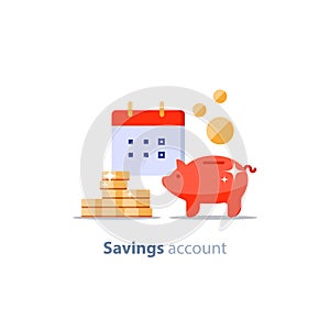 Future investment, financial calendar date, payment period, pension fund, superannuation finance, piggy bank, vector illustration photo