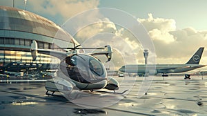 The future of individual aviation: Quadcopter flying taxi parked at the airport at sunset, with airplanes in the