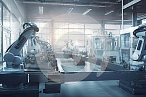 the future of industrial automation, with robots performing delicate and precise tasks in manufacturing plant