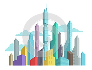 Future invented city skyscraper panorama high-rise buildings vector stock colorful illustration. Modern architecture photo