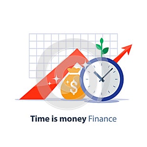 Future investment, time is money, pension fund, superannuation finance, money bag, vector illustration