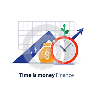 Future investment, time is money, pension fund, superannuation finance, money bag, vector illustration