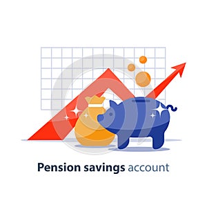 Future investment, time is money, pension fund, superannuation finance, piggy bank, vector illustration