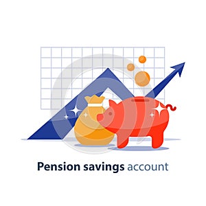 Future investment, time is money, pension fund, superannuation finance, piggy bank, vector illustration