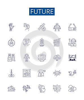 Future line icons signs set. Design collection of Futurity, Prospect, Later, Outlook, Foresee, Destiny, Coming, Endure