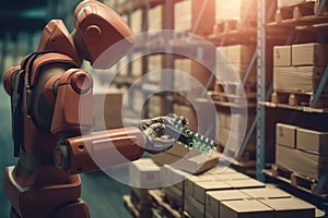 The future logistics robot working in the box warehouse with Ai Generated