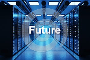 Future logo in large modern data center with multiple rows of network internet server racks, 3D Illustration