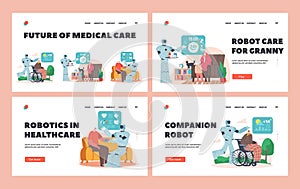 Future of Medical Care for Seniors Landing Page Template Set. Robots Help Elderly People. Ai Cyborg Walk with Old Man