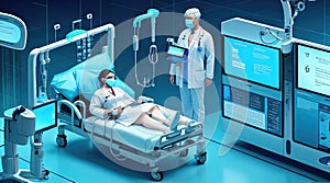 Future medical technology uses AI robots for diagnosis. Medical research and development innovation technology