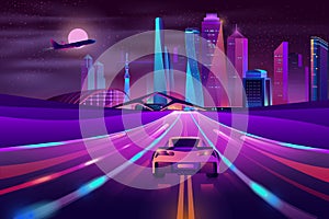 Future metropolis highway neon cartoon vector