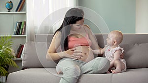 Future mother waiting for birth of baby, cute child touching pregnant belly