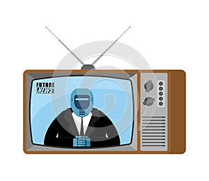 Future News TV old tv. Robot broadcasting journalist. Cyborg Anchorman in tv studio. Live broadcasting.