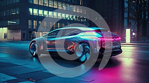 The Future is Now: Advertisement for a High-End Electric Car in city at night, AI generative