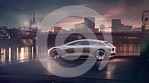 The Future is Now: Advertisement for a High-End Electric Car in city at night, AI generative