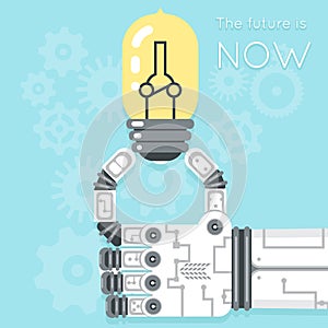 Future is now. Robot hand holding light bulb
