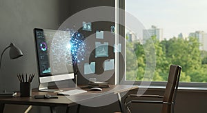 Future office workspace with digital data visualization