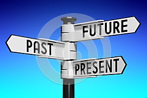 Future, past, present concept - signpost with three arrows