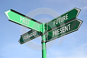 Future, past, present, forward - green signpost with for arrows