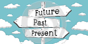 Future, past, present - outline signpost with three arrows